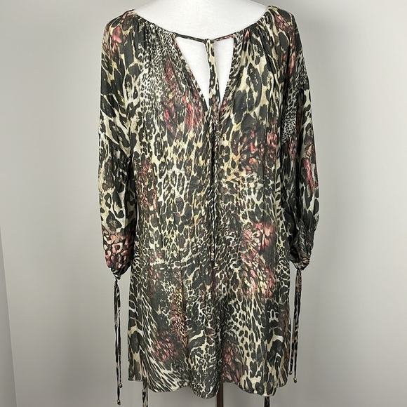 SHAN Leopard Print Silk Viscose 3/4 Sleeve Tunic Peasant Top Coverup Sz 10/M - Picture 4 of 16